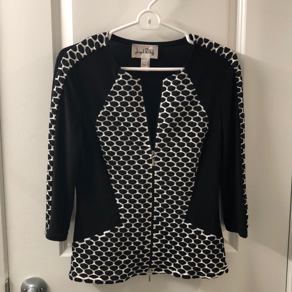 JOSEPH RIBKOFF BLACK AND WHITE ZIP UP JACKET